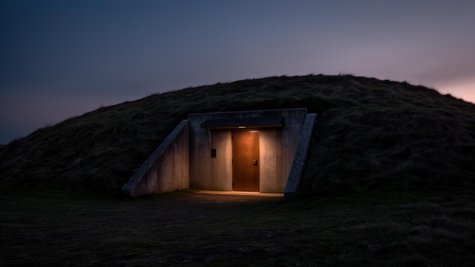 Discreet bunker entry at dusk